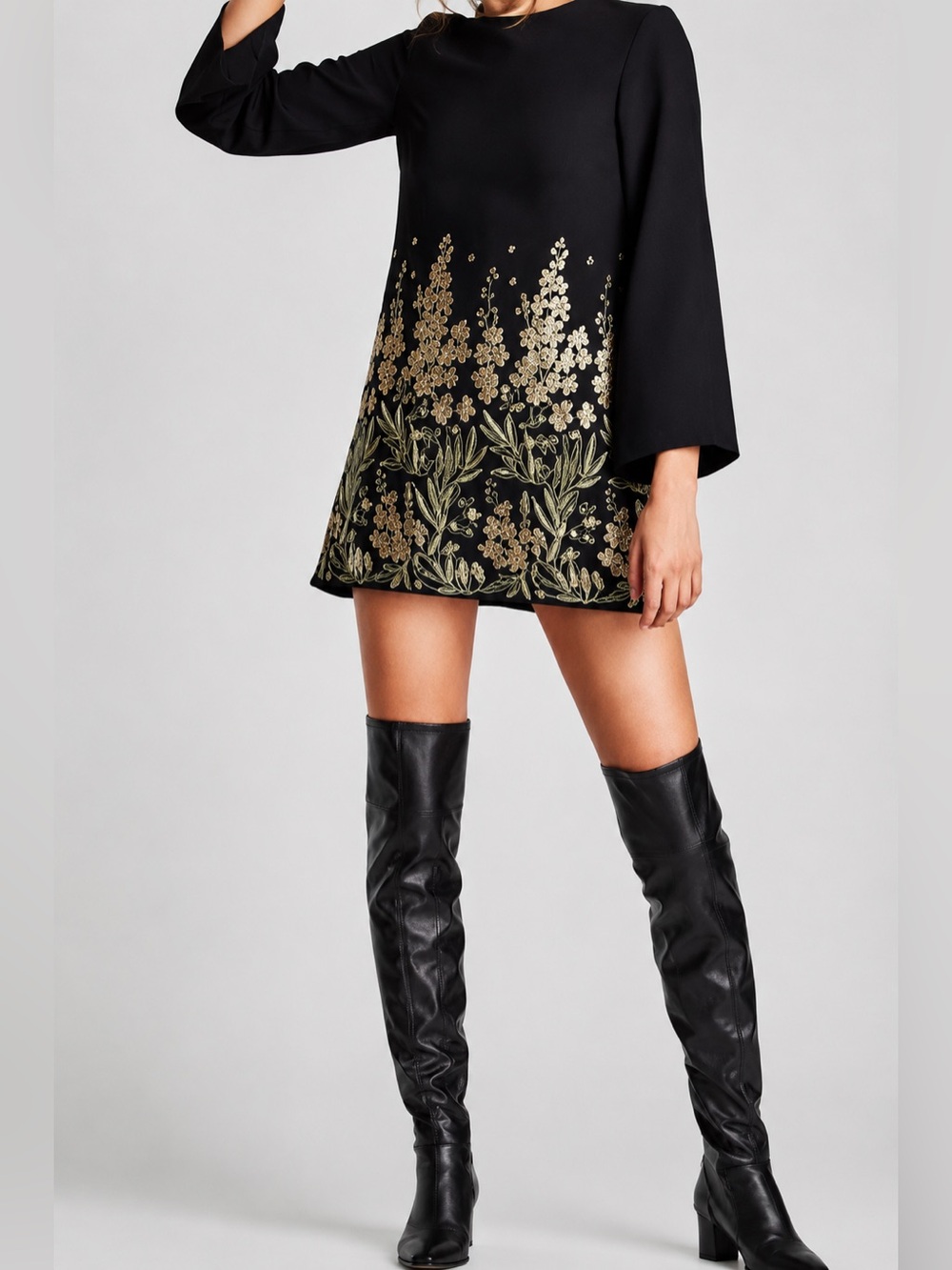 Zara Black & Gold Floral Embroidered Long Sleeve Shift Mini Dress